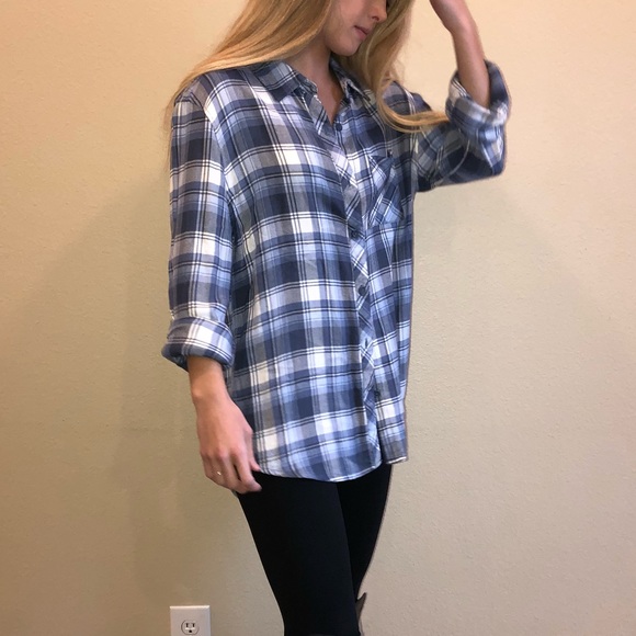 Tops - Blue and White Plaid Denim Shirt
